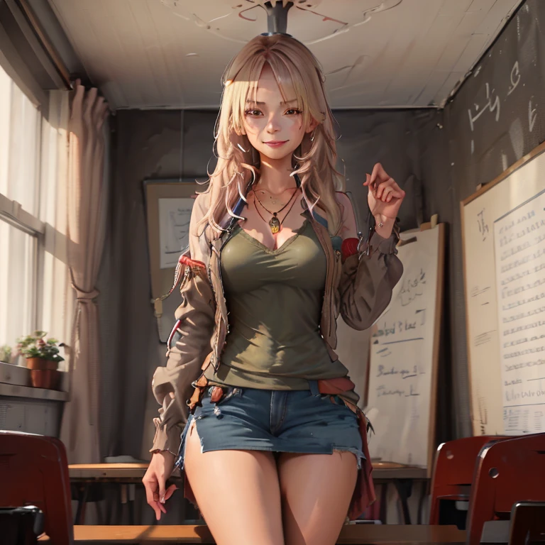  Attractive country girl, rosa Cowgirl-Outfit-Stil, Necklace）,  long blonde hair , Five toes per foot , long legs. Eye shadow. neon lighting,  exposed panties , , (Classroom:1.1),  slight smile , ((masterpiece)),(( best quality)), 