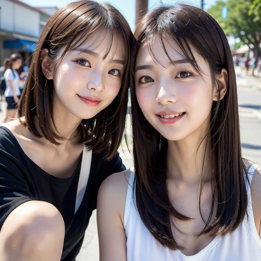 ((( face up )))、((( brown hair straight)))、((( pores must be detailed enough to be finely identified )))、((( wears clothes that look good in casual early summer 。 has hidden shoulders )))、(Natural laughter:1.25)、 half Japanese and Korean 、 an 18 year old girl、 standing alone 、 facing forward、Light eye makeup、Brown Hair Color、 has flat and small breasts 、 hair that flutters like、 actress quality 、 has a glossy, ultra-realistic face 、Smiling face、Watery eyes、I'm staring up、 Modest lighting effects in an old wooden hot spring 、  super realistic capture 、 several people having fun with each other while having very detailed 、 high-resolution 16k close-up of human skin 。 skin texture must be natural 、 must be detailed enough to be finely identified 、She has healthy skin 、 has a uniform tone 、 uses natural light and color 、 new like a hair salon model Outdated high quality image taken by a {x} model agency's exclusive photographer posing with York's alley in the background、smile、(((SIGMA 300 mm F/1.4,1/1000 sec shutter,ISO 400)))、The background is F-stop 1.. 4 blurry 
