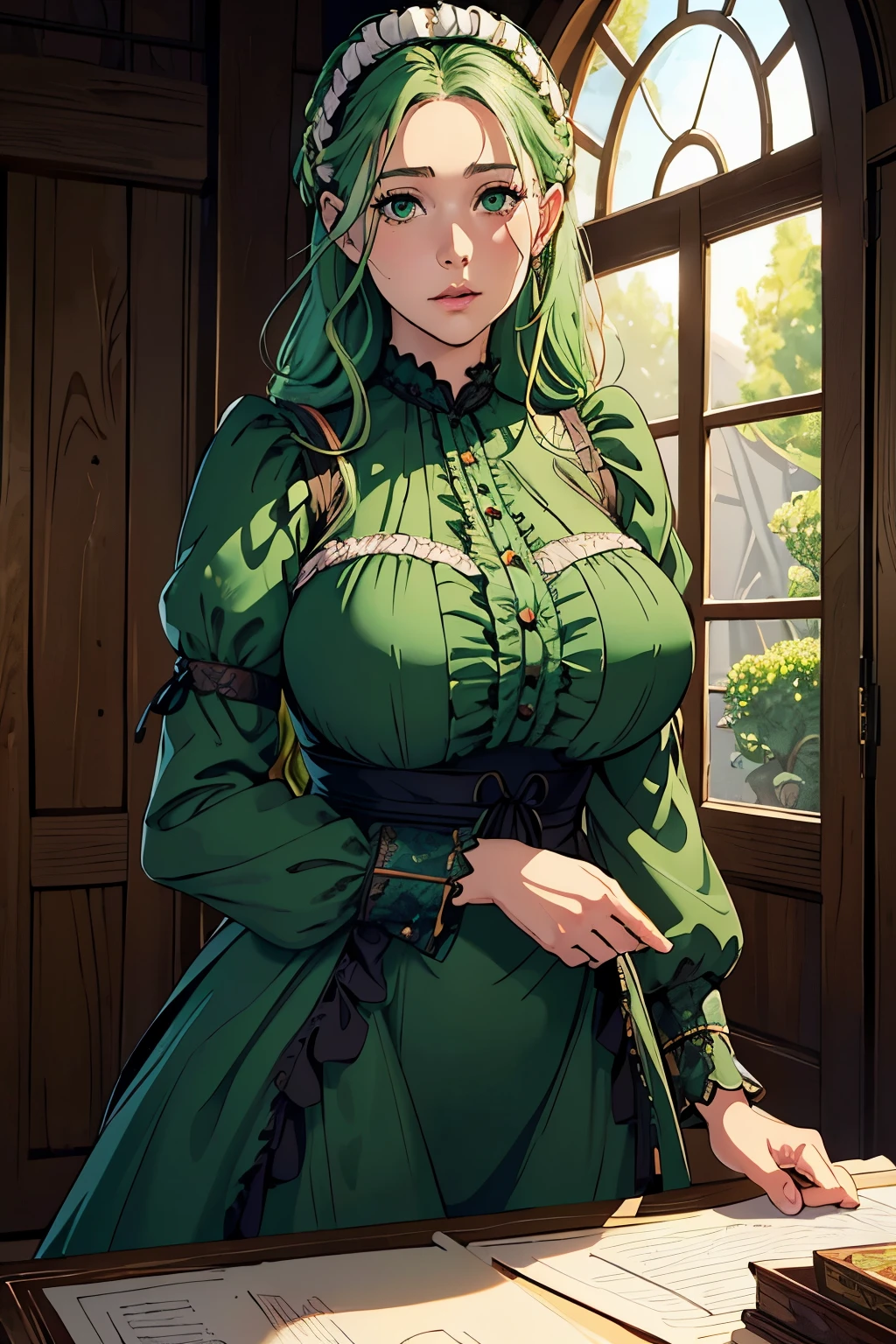 Beautiful Farmer with Braids. ((woman with green hair, mature adult woman ,  mature milf's face, long hair)), Perfectly round face. cute and pretty face, big lips, beautiful and voluptuous, charming beauty, ((gentle expression on his face)), ((Beautiful big, Detailed green eyes)), thin waist, wide hips ((Dark blue dress with ruffles,  mature adult woman , adult milf face, modest dress)) (highy detailed)),official art, Award-winning digital painting,  digital illustration , extreme detail, 4K, Ultra HD, rococo, polished, intricate, Realistic fantasy art, sharp focus,  conceptual artwork, arte por wlop, germ of art, (2D vector illustration) light, airy,  hourglass figure . ellie bamber
