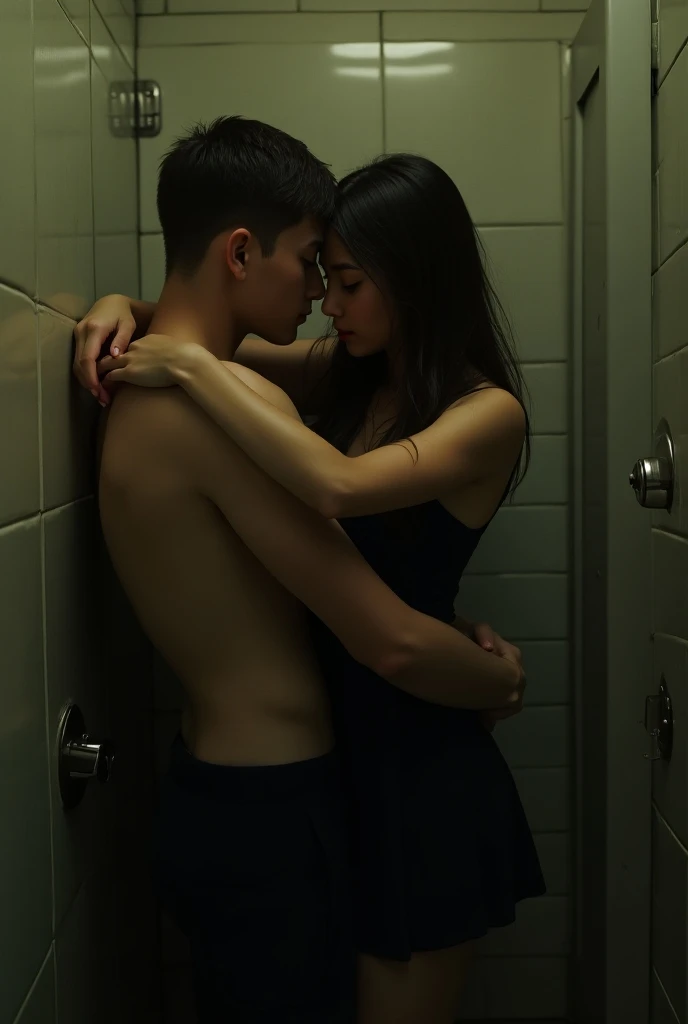 (Shabby public restroom).An old man wearing only underwear is hugging a woman from behind in a toilet stall..((Korean woman with black hair).Women with big breasts.Women with big breasts.Korean actress female.Korean girl group women.Woman in her 20s.Hourglass body.woman in black panties.A woman wearing a tight, thin, ripped short-sleeved T-shirt.Skinny jeans are lying on the floor..white skin woman.Wearing white sneakers.Korean fitting model.slim woman.