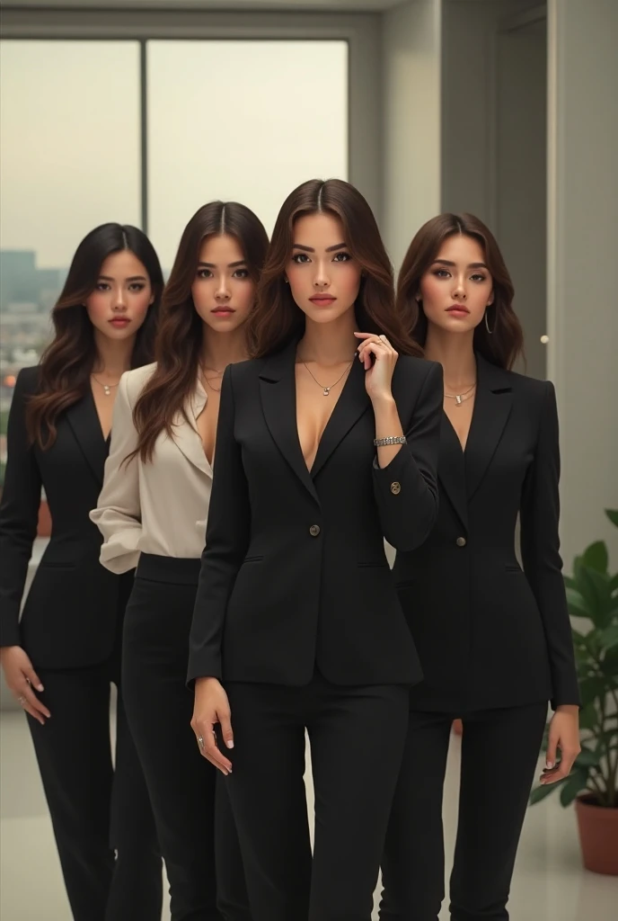 Five girls, one shorter ( Blandinka , checkered square) on the sides tall all in white suits with heels and dark glasses on the scene with sapphites