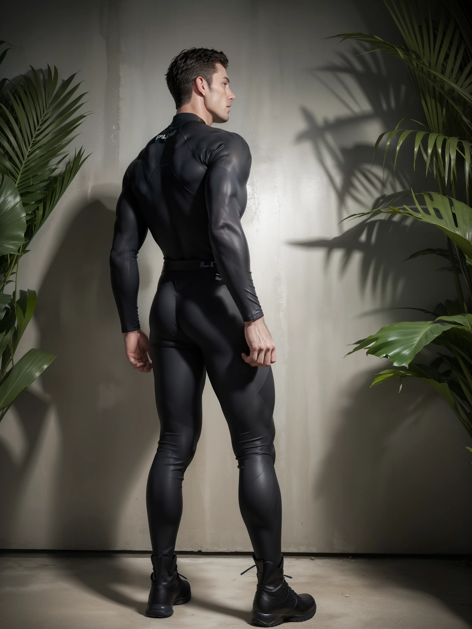 The back view of a particularly tall, giant, and muscular police officer.，Silver gray khaki camouflage wetsuit，He faced the wall and held it with both hands，Straight buttocks，role conception（Resident Evil - chris redfield，chris redfield）senior police officer，Wearing Silver gray khaki camouflage wetsuit，matte texture，regular symmetrical texture pattern，Standing in the dark sugar cane jungle, The body is wrapped in thick rattan，heroic male pose，Tall burly，muscular！Charming leg muscles，High, burly, Heqiang， Wearing Silver gray khaki camouflage wetsuit， Super gain and cool， high resolution committee， Big feet in silver gray boots，Charming strong man，The bright sunshine shines on you，Matte particles with shiny texture