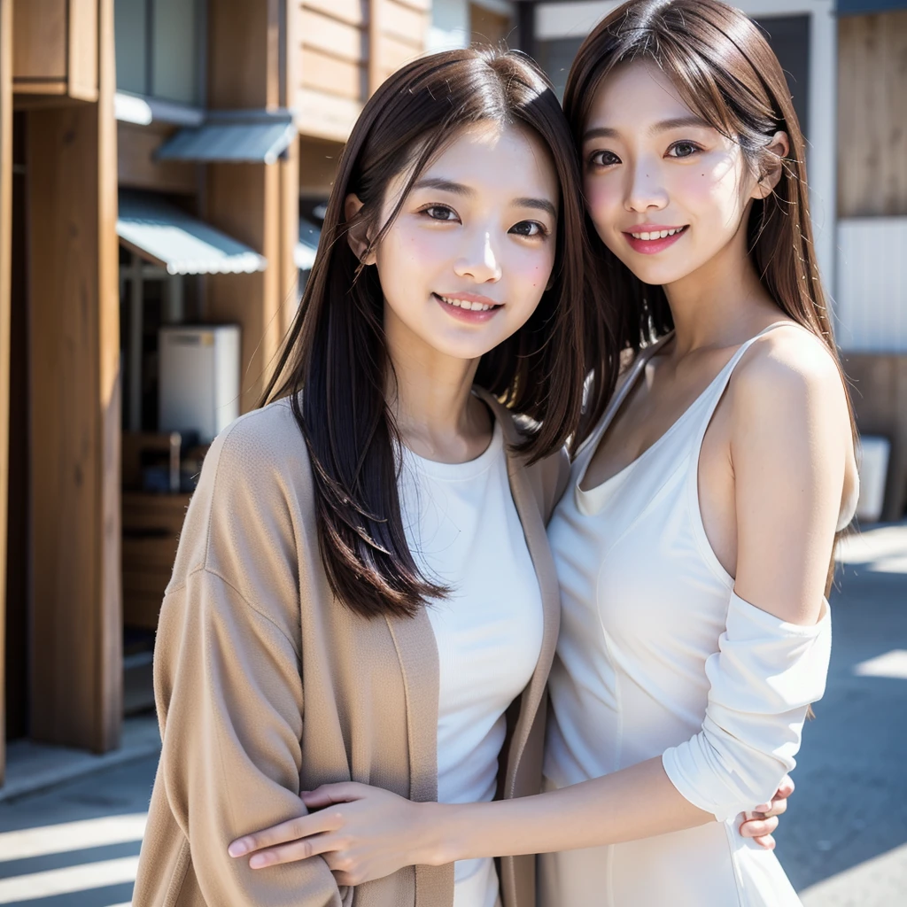 ((( face up )))、((( brown hair straight)))、((( pores must be detailed enough to be finely identified )))、((( wears clothes that look good in casual early summer 。 has hidden shoulders )))、(Natural laughter:1.25)、 half Japanese and Korean 、 an 18 year old girl、 standing alone 、 facing forward、Light eye makeup、Brown Hair Color、 has flat and small breasts 、 hair that flutters like、 actress quality 、 has a glossy, ultra-realistic face 、Smiling face、Watery eyes、I'm staring up、 Modest lighting effects in an old wooden hot spring 、  super realistic capture 、 several people having fun with each other while having very detailed 、 high-resolution 16k close-up of human skin 。 skin texture must be natural 、 must be detailed enough to be finely identified 、She has healthy skin 、 has a uniform tone 、 uses natural light and color 、 new like a hair salon model Outdated high quality image taken by a {x} model agency's exclusive photographer posing with York's alley in the background、smile、(((SIGMA 300 mm F/1.4,1/1000 sec shutter,ISO 400)))、The background is F-stop 1.. 4 blurry 
