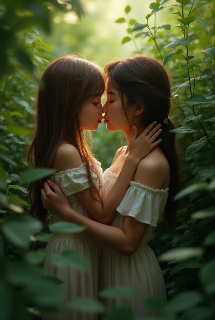 Two girls (), naked, identical, clones, passionately kissing with hands on butts and chests