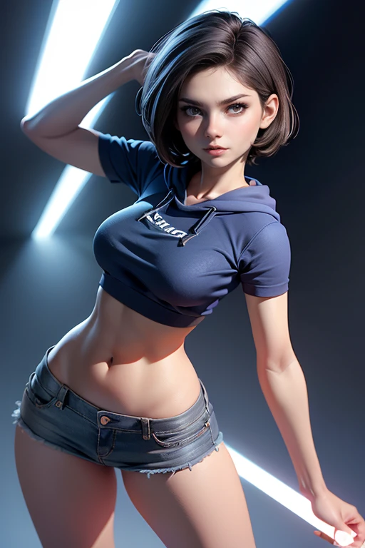 young woman,  short hair ,  brown eyes, blue tube top , Black miniskirt, gray hoodie sweatshirt, face to the camera,  Dynamic pose , magnificent anatomy ,  masterpiece , super detail,  lyrics,  natural lighting ,  sharp focus,  ultra resolution ,  plain white background , without patterns, No textures.