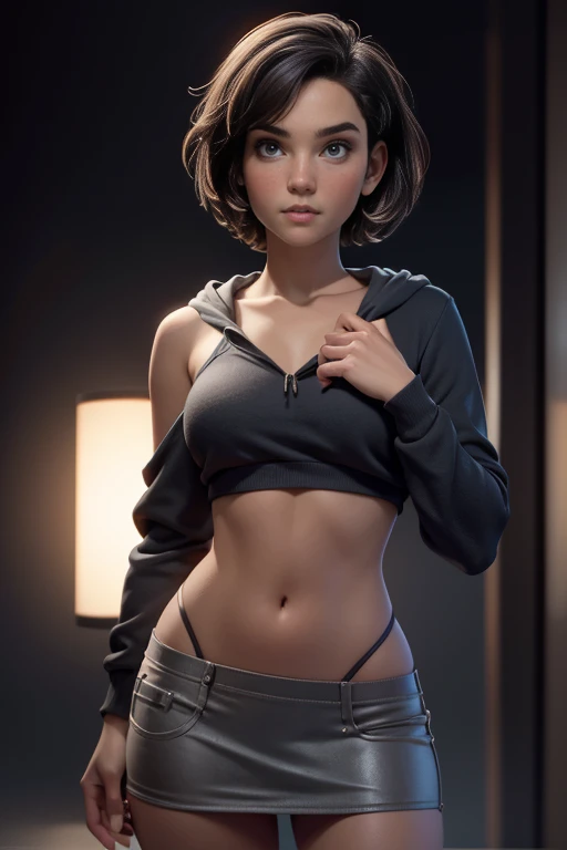 young woman,  short hair ,  brown eyes, blue tube top , Black miniskirt, gray hoodie sweatshirt, face to the camera,  Dynamic pose , magnificent anatomy ,  masterpiece , super detail,  lyrics,  natural lighting ,  sharp focus,  ultra resolution ,  plain white background , without patterns, No textures.