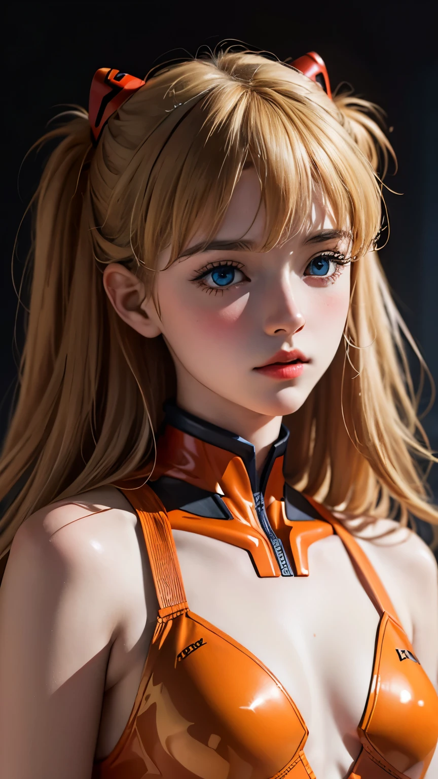 (​masterpiece:1.4、top-quality)、(intricate detailes)、Unity8k wallpapers、ultra-detailliert、Beautiful and mysterious、detailed background、realisitic、solo、Perfectly detailed face、Detailed blue eyes、ighly detailed、red blush、hair adornments、Chignon mahogany hair、(blonde  hair)、Plug Suit 02,Shikinami Asuka Langley、evangerion、Looking at the camera、facing front、Cute  s、full body suits、black backgrounds, big breast, hard nipples