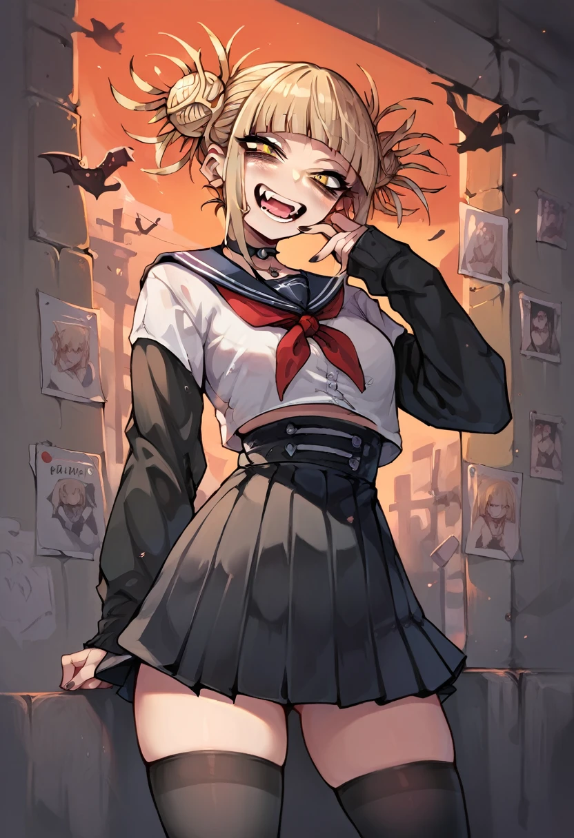 Himiko toga as she approaches and takes a photo and dresses in a sexy black gothic outfit., with black and revealing stockings and skirt (whole body) 