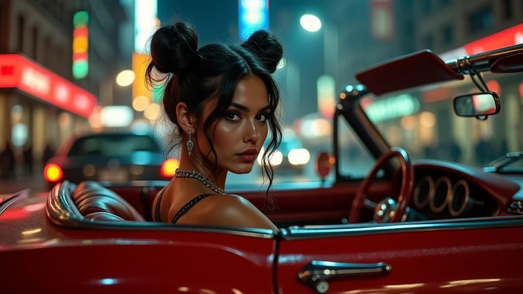     steampunk luis royo latina Woman with dark hair Double Buns, clothing luis royo style, driving in red cabrio  at night in new york