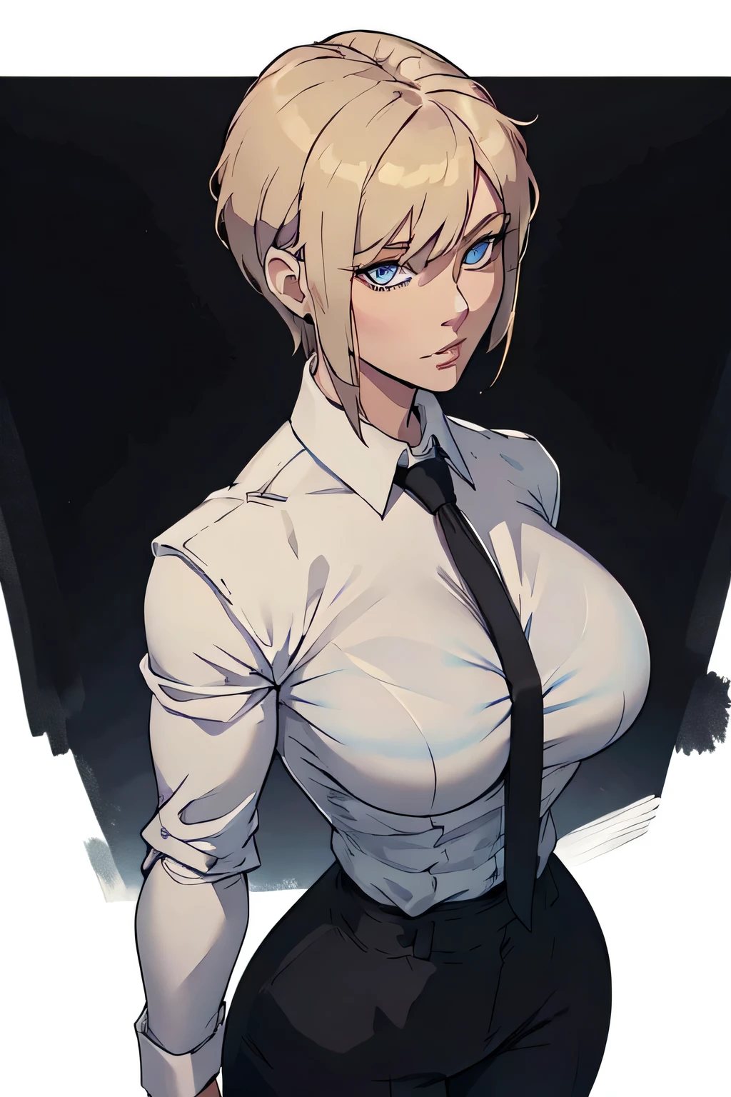 Girl with short blonde hair, blue eyes, wearing A white dress shirt, breasts, with a black tie, defined body, wearing black dress pants, defined waist, hips, collared shirt From behind showing her defined butt 