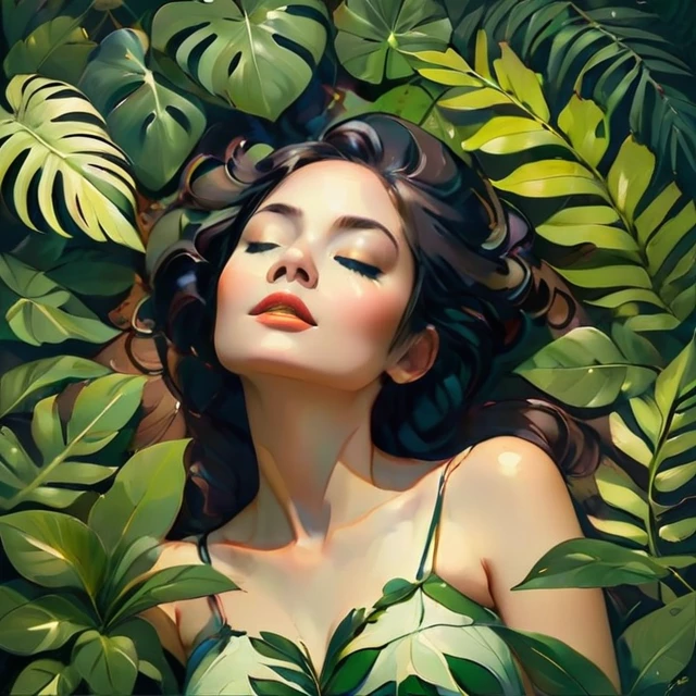 Digital art piece that brings a botanical-inspired vision to life. A half blank ethereal woman lying on her back. She appears to be in a state of absorption, her eyes closed, as if deeply connected with nature. Encircle her body with an array of tropical leaves and plants with an emphasis on greenery. These plant forms should be vivid and realistic, rendered as if they have been printed in mixed inks and watercolors mimicking nature prints or botanical illustrations. The leaves and plants must be a variety of sizes and shades of green, including some with yellowish tinges that suggest maturity or change. The background setting for this artwork should be a dark, lush jungle with hints of light coming from above. The composition should include a variety of plants, including broad leaves, feathery fronds, slender blades, and delicate vines that intertwine around the woman. The image should evoke a sense of tranquility and harmony between the human figure and the surrounding flora.