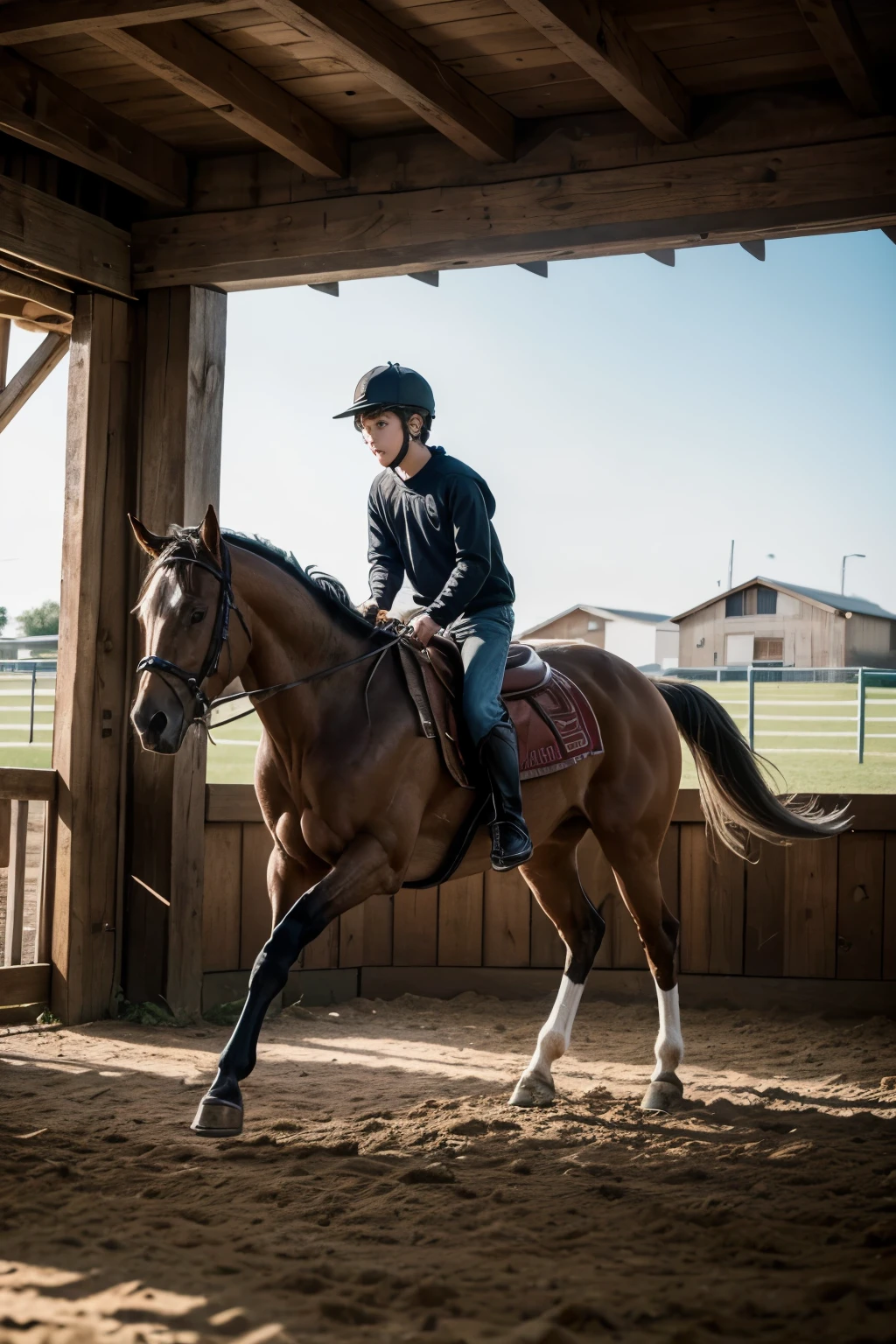 A 3 year old boy riding a horse