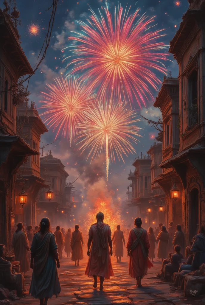 Diwali, ancient,mysterious,(masterpiece,detailed, best quality),firework, Clean lines,geometric shapes,pastel, dramatic lighting,vibrant painting