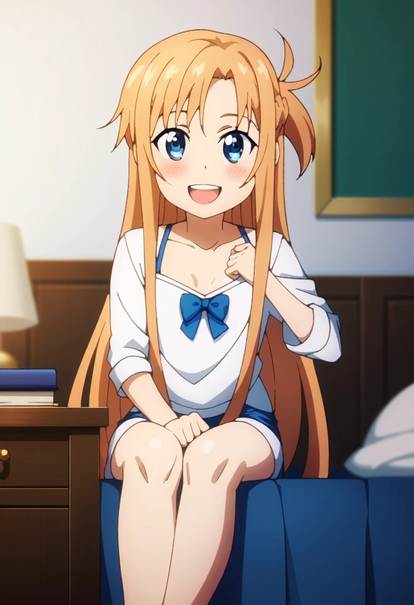 ((Best Quality)), ((masterpiece)), (be familiar with),  perfect face, indoor, bedroom,  watching viewers ,
One woman,  Asuna Yuki,
 characters with open mouth ,  ecstatic expression, blush, smile,
Small breasts,  flat chest, Young girl, Lori,  kids,  girl,
Long Hair,  long hair,
Leg spread,