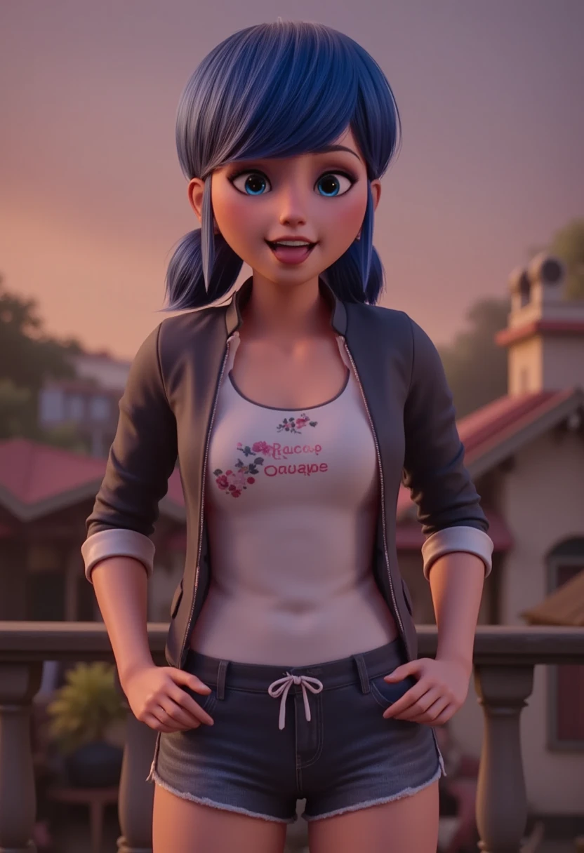 (extremely detailed CG unity 8k wallpaper), the most beautiful artwork in the world, 1girl, upper body. She is sticking out her tongue excitedly, wearing a dark blue leather jacket, on the balcony at dusk, hands on her hips