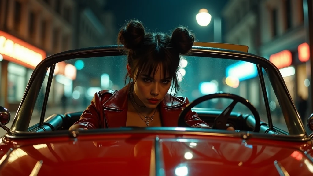     steampunk luis royo latina Woman with dark hair Double Buns, clothing luis royo style, driving in toward camera in red cabrio  at night in new york