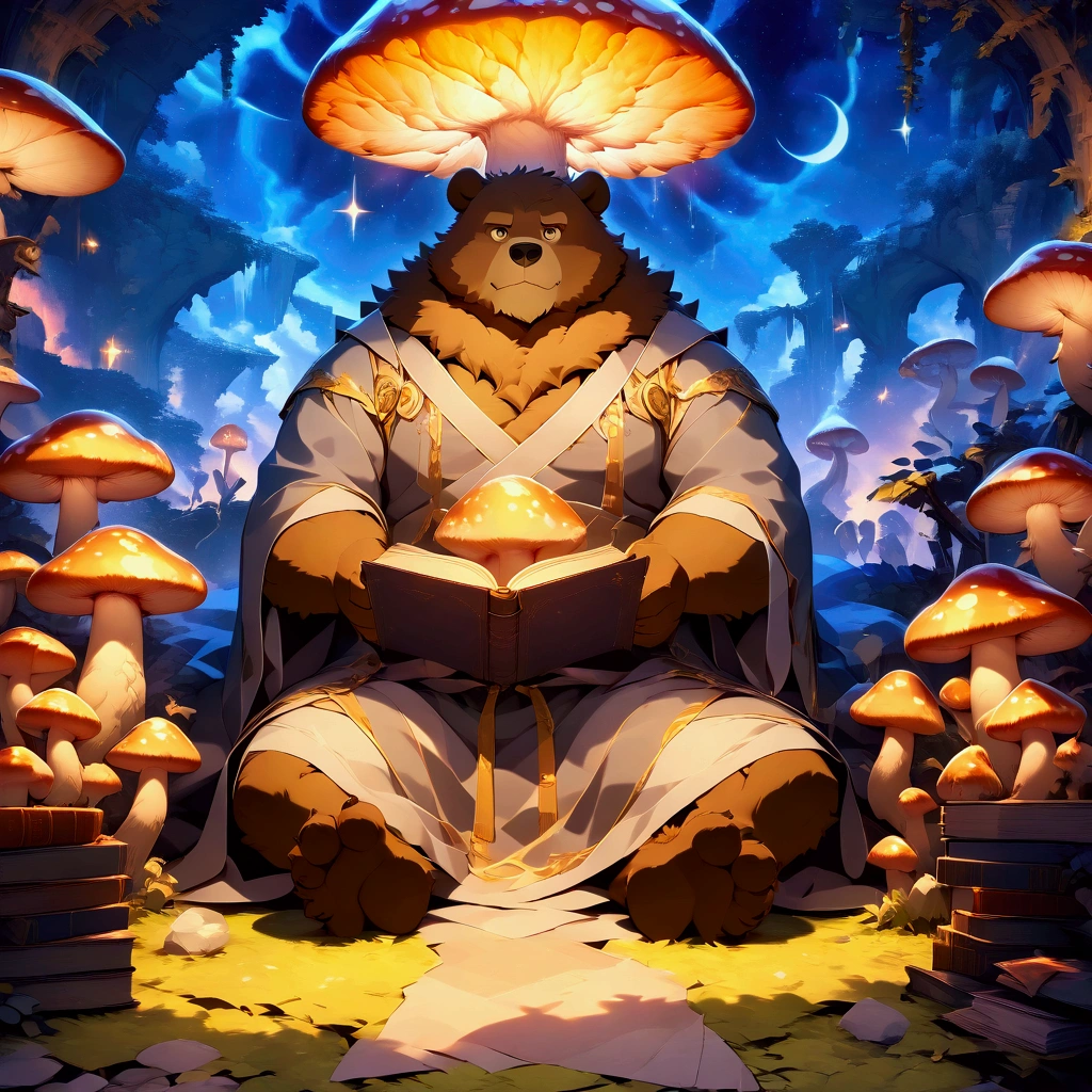 character focus, full body, looking away, dynamic angle, fantasy, middle-aged magical bear man, little smile, magical costume clothes, magical mushroom stick, robe, shirt, pants, boots, BREAK full body in Michelangelo Buonarroti style, housamo style, digital illustration anime, detailed painting landscape, magical Forest, glowing mushrooms grow everywhere, like a picture book, full color, HDR, BREAK complete anatomy, perfect proportions, beautiful thigh gap, fluffy body, intricate fur details, beautiful fur texture, BREAK a detailed bear 1tail, detailed boots, detailed 4toes, detailed foot, detailed hands, 5fingers, 5fingers nails, BREAK aesthetic anime face, insanity detailed face, male face, big face, square jawline, aesthetic anime eyes, detailed brown eyes, detailed brown cornea, detailed dark brown irises, detailed pupils, male eyes, big eyes, male eyebrows, innocent look, beautiful beard, BREAK masterpiece, official art, best quality, very aesthetic, absurdres, super fine illustration, great quality, BREAK noise reduction, very highres, large filesize, high quality, 32K, 8k wallpaper, dynamic lighting, BREAK insanity detailed, ultra detailed, intricate details, extremely detailed, detailed texture, an extremely delicate and beautiful, BREAK e621 illustration, osukemo, kemohomo, anthropomorphic, furry, cartoon, harmonious, pastoral face, virtuous eyes, magical atmosphere