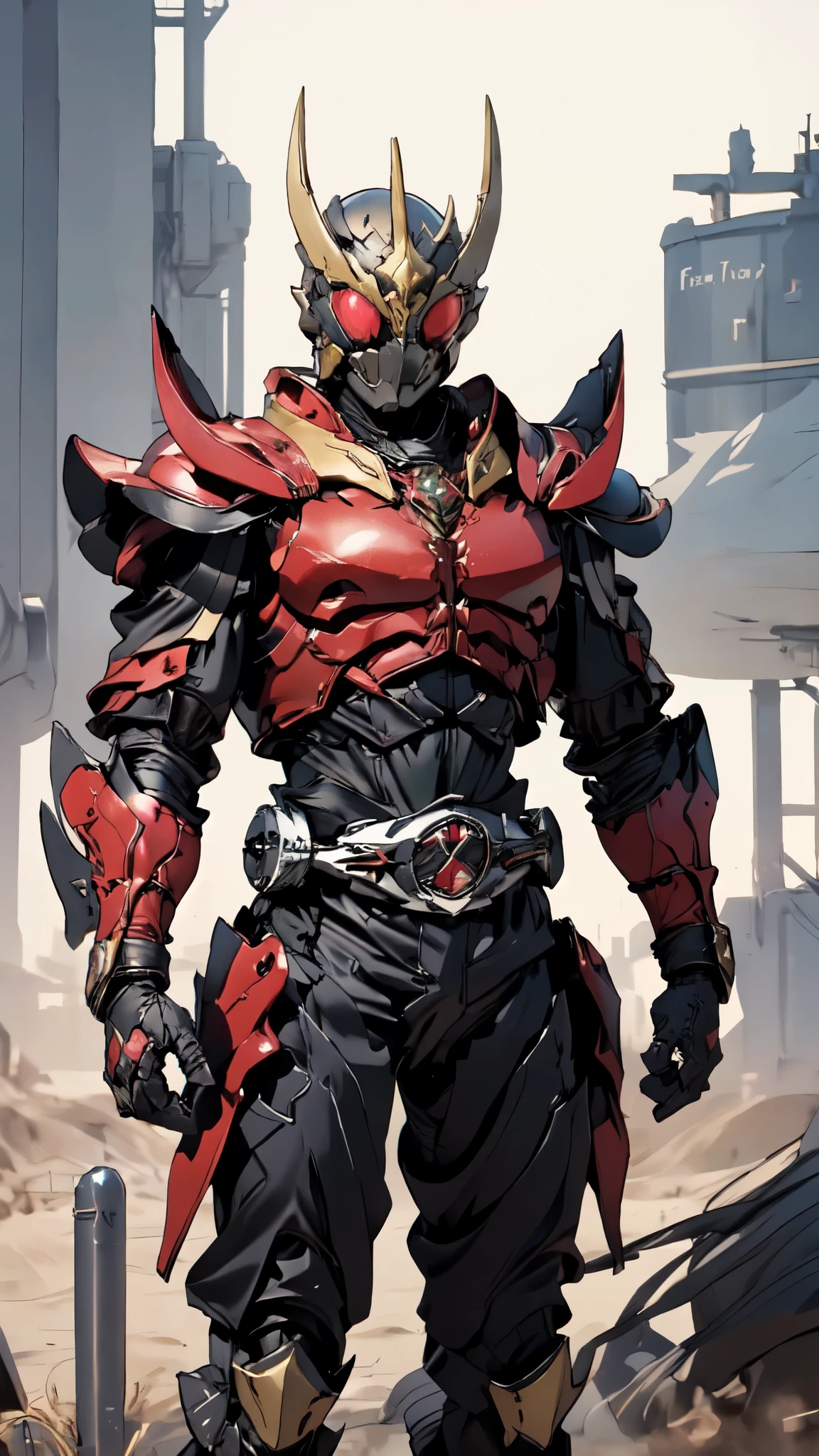 (masterpiece:1.5, best quality:1.5, extremely delicate:1.5), ((male:1.5)), a man wearing a full-face helmet, green eyes, fantasy-style high-tech biomimetic armored combat suit, (a composite layered chest armor), the design balances heavy with agility, fully enclosed shoulder guards, matching arm and leg guards, a belt of gemstone, (the color scheme is primarily Red with Black accents, Organic Biotech, Concept Inspired by Kamen Rider, glowing eyes, armor glows, stand of a futuristic sci-fi city), this character embodies a finely crafted fantasy-style armored hero in anime style, exquisite and mature art style, metallic, high definition, highres, ultra-detailed, ultra-fine painting, professional, perfect body proportions, golden ratio, anatomically correct, symmetrical face, extremely detailed eyes and face, high quality eyes, creativity, RAW photo, UHD, 32k, Natural light, cinematic lighting, masterpiece-anatomy-perfect