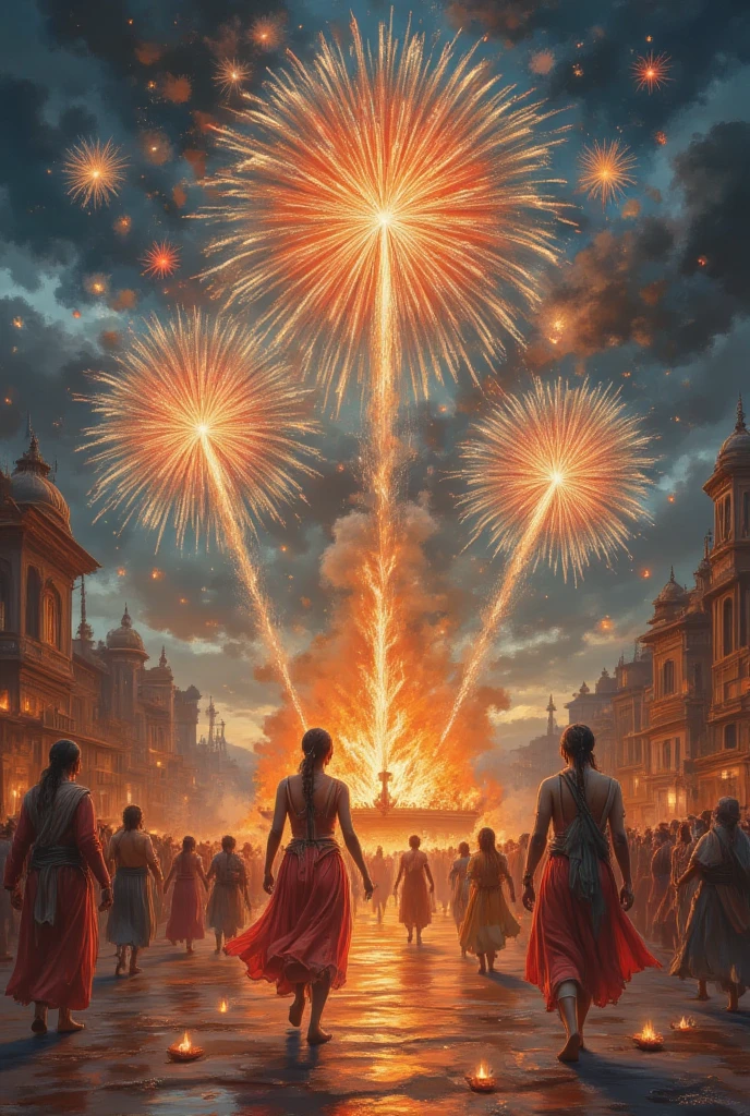 A majestic depiction of Diwali's mystique unfolds as a masterpiece of intricate details and exceptional quality. Amidst a canvas of pastel hues, firework explosions burst forth in geometric precision, casting dramatic shadows that dance across the scene. Clean lines define the composition, guiding the viewer's gaze through the vibrant painting.