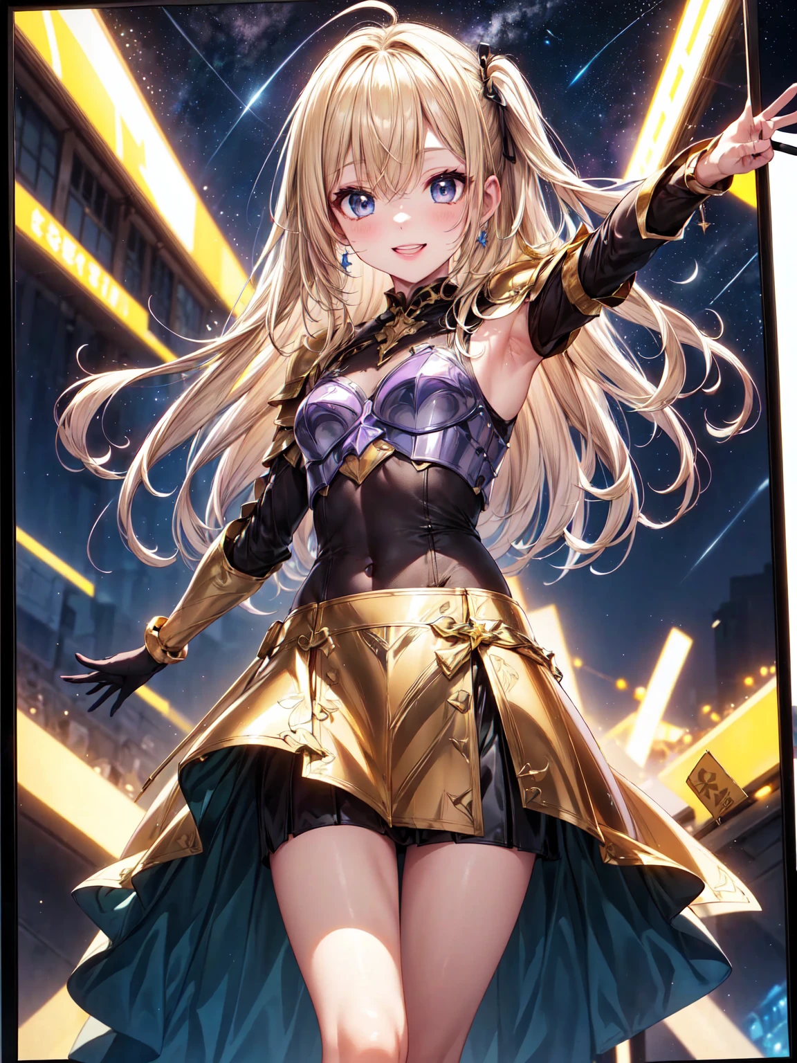 Idol, Big Smile 、Energetic Sexy Pose 、Tall、Flashy clothing、(colorful and flashy parple armor combat uniform with long gold hair  : 1.5), (Miniskirt costume with jewels : 1.5), (stand up : 1.3), ( charming eyes :1.3)、 beautiful blonde ,  blue eyes、The best smile、(Night sky background with jewels and stars  : 1.4),（masterpiece:1.0),(Best Quality:1.0), 超 High image quality,4K,  very detailed, High image quality,  Kodak Portrait 400 ,  Film Grain ,  lens flare glow  , highest quality, 8k,  Portrait Shot  ,8k、  viewer , (((Front View))), ((facing))、(  The screen is facing the front  : 1.5)、  small face , Best Quality、 Super beautiful images、Best Quality, Anime Style, Facial beauty, masterpiece、 Hi-Res、The best eyes, Beautiful Makeup、Top view