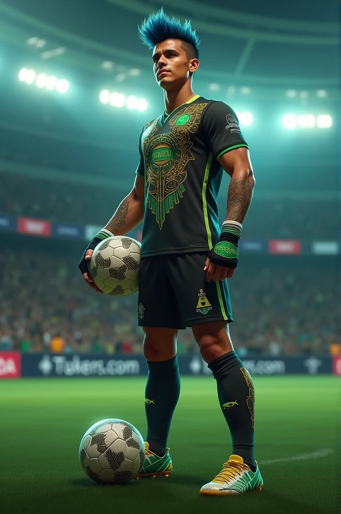 Soccer uniform with blue and green colors , with symbols of a bull , a lobster , sea and grass 
