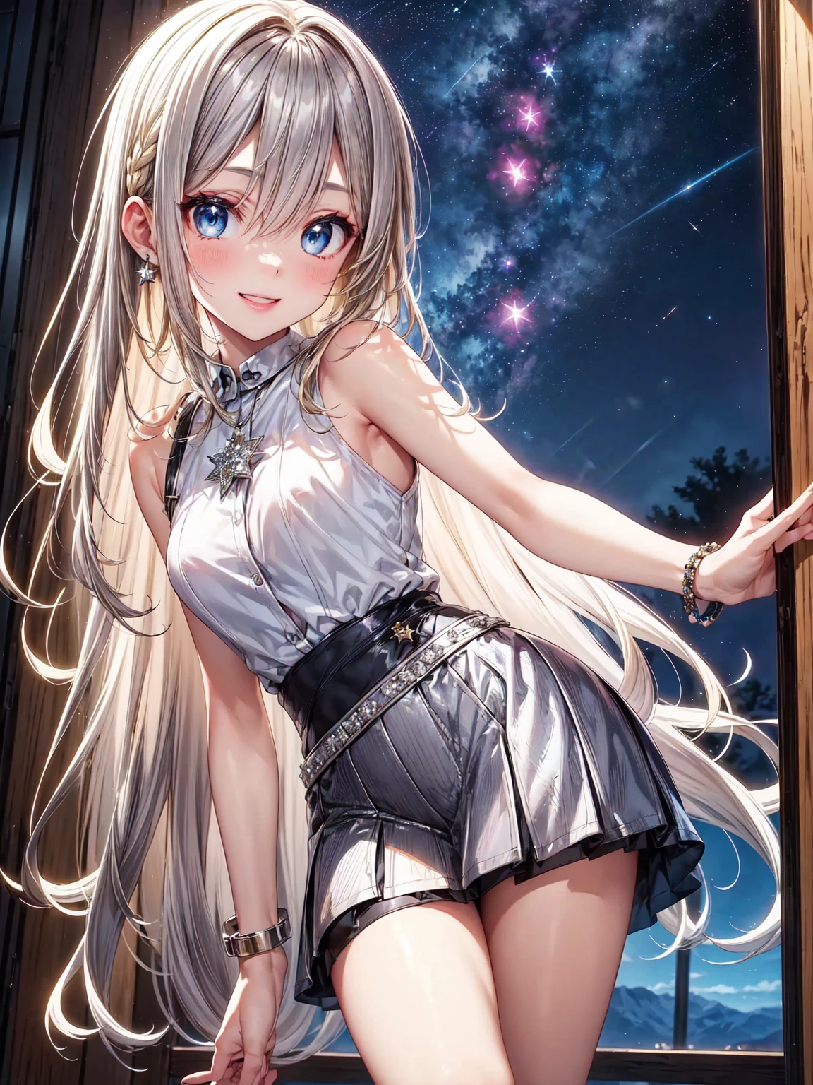 Idol, Big Smile 、Energetic Sexy Pose 、Tall、Flashy clothing、( blonde long hair  : 1.5), ( silver costume with diamonds in a miniskirt : 1.5), (stand up : 1.3), ( charming eyes :1.3)、 beautiful blonde ,  blue eyes、The best smile、(Night sky background with jewels and stars  : 1.4),（masterpiece:1.0),(Best Quality:1.0), 超 High image quality,4K,  very detailed, High image quality,  Kodak Portrait 400 ,  Film Grain ,  lens flare glow  , highest quality, 8k,  Portrait Shot  ,8k、  viewer , (((Front View))), ((facing))、(  The screen is facing the front  : 1.5)、  small face , Best Quality、 Super beautiful images、Best Quality, Anime Style, Facial beauty, masterpiece、 Hi-Res、The best eyes, Beautiful Makeup、Top view