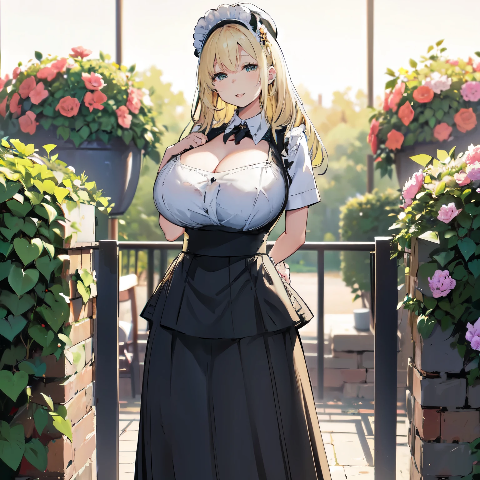 Blonde hair, very huge  tits , ((maid uniform, maid hat, long skirt)), ((thick, busty)), amber eyes,  upperbody, smile, cleavage, legs, thigh, garden flower background