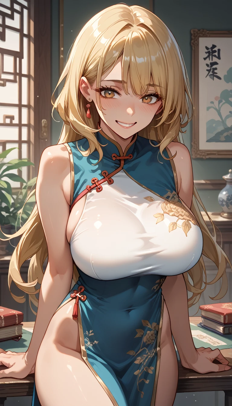 8k, Masterpiece, High Quality:1.2,  delicate illustration,  very detailed,One female,Kitagawa Marln,  Blonde,bangs, kind,  is embarrassing,smile, Big Breasts, very nice, Chinese clothes,room