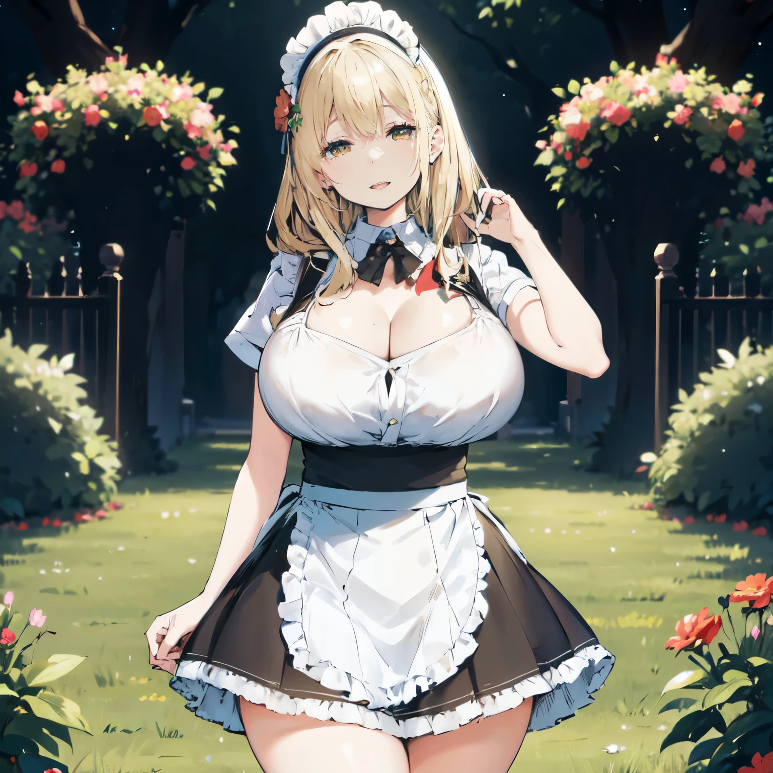 Blonde hair, very huge  tits , ((maid uniform, maid hat, long skirt)), ((thick, busty)), amber eyes,  upperbody, smile, cleavage, legs, thigh, garden flower background