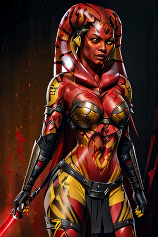 1girl, beautiful (((dark devil empress))), detailed eyes, (((detailed face))), mature face, athletic body, looking at viewers,full body, light smile,(gigantic breasts:1.4)detailed skin, colored skin(dark red skin:1.9), horns on head, (((bald:1.4))), mature body, tall body,seductive body,medium big breast, medium thigh,((no hair1.8)), spike pasties,detailed clothes BREAK desert and skull shoulders, holding only one long and thick dark scepter, highly saturating beams, holy ceremony, golden and red spark dazzling around, crown , golden majical lightning, best quality, masterpiece, trending on Art station,BREAK,Detailed,Realistic,4k highly detailed digital art,octane render, bioluminescent, cinematic lighting BREAK 8K resolution concept art, realism,by Mappa studios,masterpiece,best quality,official art,illustration,ligne claire,(cool_color),perfect composition,absurdres, fantasy,focuse, red and gold color palette,(((stands on cracked pedestal)))