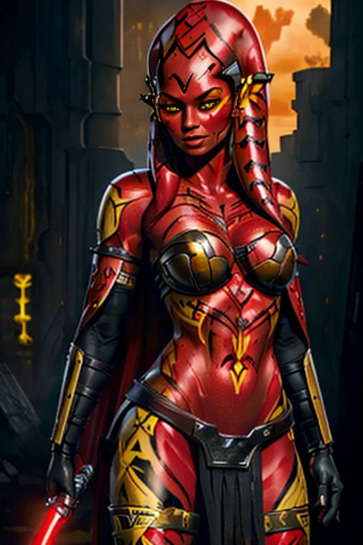 (Masterpiece), Bright Background, (Best Quality), (1 Girl), ((Red Skin: 1.8)), ((Yellow Eyes: 1.5)), (Detailed Face), Full Body, Detailed Portrait, Twi'lek, Darth Talon, sexy, full tribal, cute, with red lightsaber, (wears black robe), black stealth armor, breastplate, tunic, tabard, cowl, cloak, body gloves, straps, buckles, skirt, long sleeves, Greg Rutkowski, Art Station, fantasy, realistic style