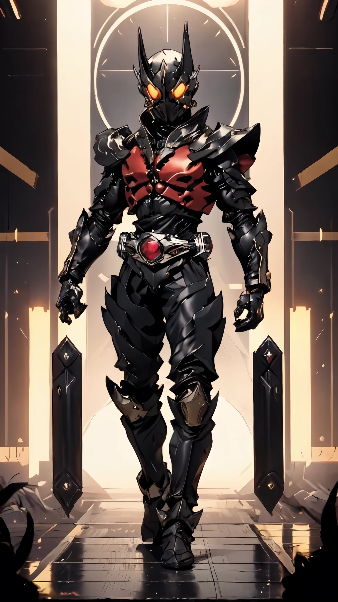 (masterpiece:1.5, best quality:1.5, extremely delicate:1.5), ((male:1.5)), a man wearing a full-face helmet, green eyes, fantasy-style high-tech biomimetic armored combat suit, (a composite layered chest armor), the design balances heavy with agility, fully enclosed shoulder guards, matching arm and leg guards, a belt of gemstone, (the color scheme is primarily Red with Black accents, Organic Biotech, Concept Inspired by Kamen Rider, glowing eyes, armor glows, stand of a futuristic sci-fi city), this character embodies a finely crafted fantasy-style armored hero in anime style, exquisite and mature art style, metallic, high definition, highres, ultra-detailed, ultra-fine painting, professional, perfect body proportions, golden ratio, anatomically correct, symmetrical face, extremely detailed eyes and face, high quality eyes, creativity, RAW photo, UHD, 32k, Natural light, cinematic lighting, masterpiece-anatomy-perfect