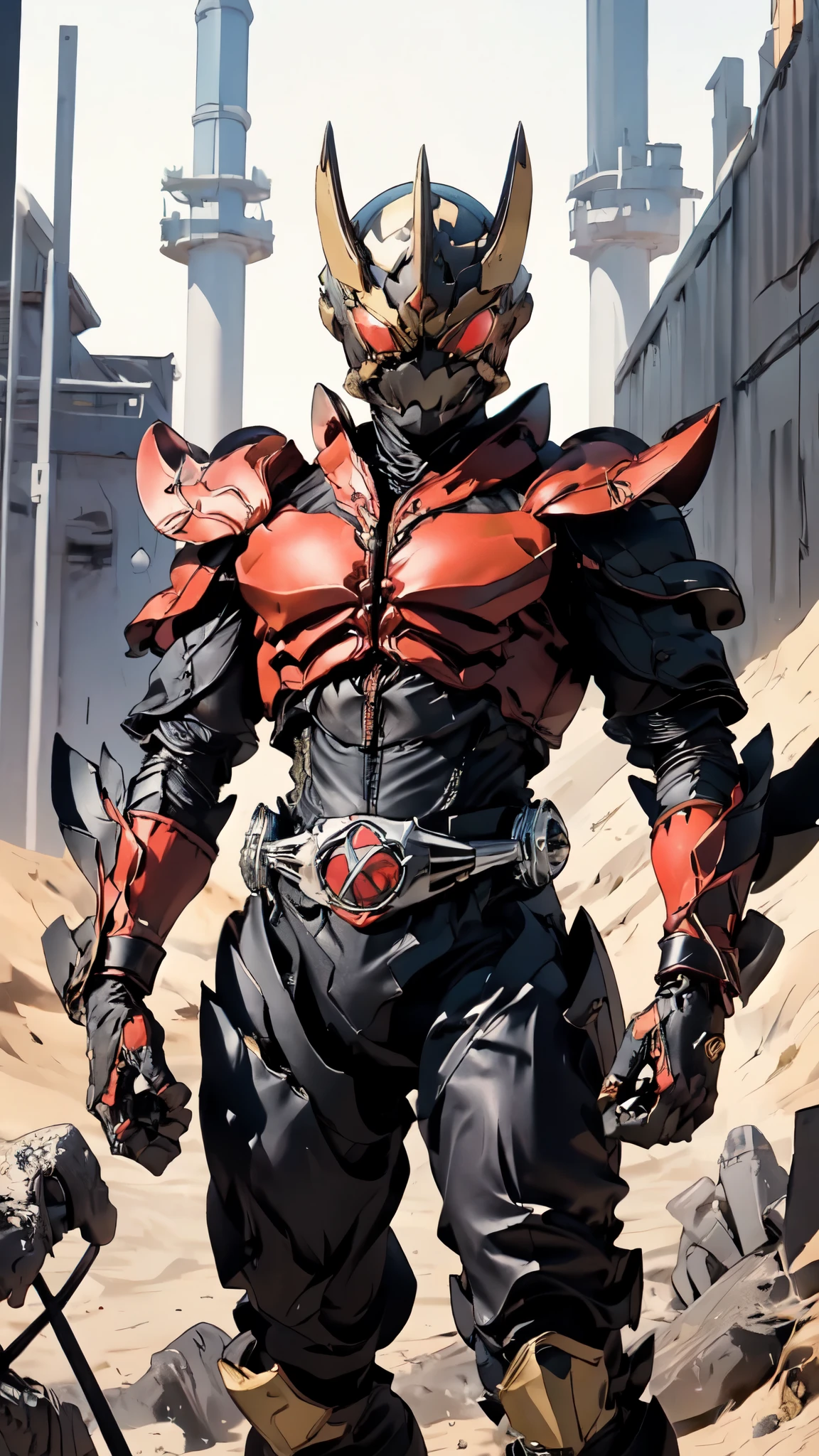 (masterpiece:1.5, best quality:1.5, extremely delicate:1.5), ((male:1.5)), a man wearing a full-face helmet, green eyes, fantasy-style high-tech biomimetic armored combat suit, (a composite layered chest armor), the design balances heavy with agility, fully enclosed shoulder guards, matching arm and leg guards, a belt of gemstone, (the color scheme is primarily Red with Black accents, Organic Biotech, Concept Inspired by Kamen Rider, glowing eyes, armor glows, stand of a futuristic sci-fi city), this character embodies a finely crafted fantasy-style armored hero in anime style, exquisite and mature art style, metallic, high definition, highres, ultra-detailed, ultra-fine painting, professional, perfect body proportions, golden ratio, anatomically correct, symmetrical face, extremely detailed eyes and face, high quality eyes, creativity, RAW photo, UHD, 32k, Natural light, cinematic lighting, masterpiece-anatomy-perfect