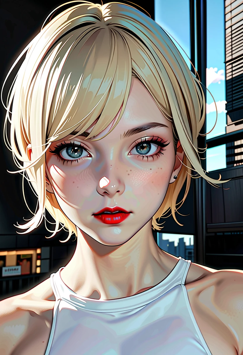 us de one piece (8K, 4k,  Best quality , highres,  ultra high resolution :1.1), (masterpiece, realistic, photo-realistic:1.1), 1 girl, rostro,  close, collections, blonde hair,  black eyes ,  red lips, ( looking at the spectator:2),  long eyelashes , eye shadow, small face,  big eyes,  bare shoulders ,  high contrast,