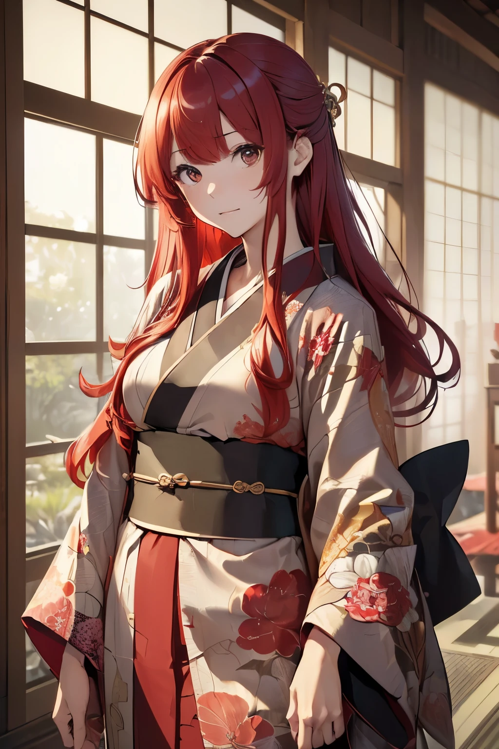 (masterpiece:1.5), (Best Quality:1.2),((( well-prepared face))),One Japanese woman,(((Long red hair ,messy hair))),(((kimono,完全に描かれたkimono))),( Hi-Res:1.2)(( Details)),((standing)),( embarrassing expression )