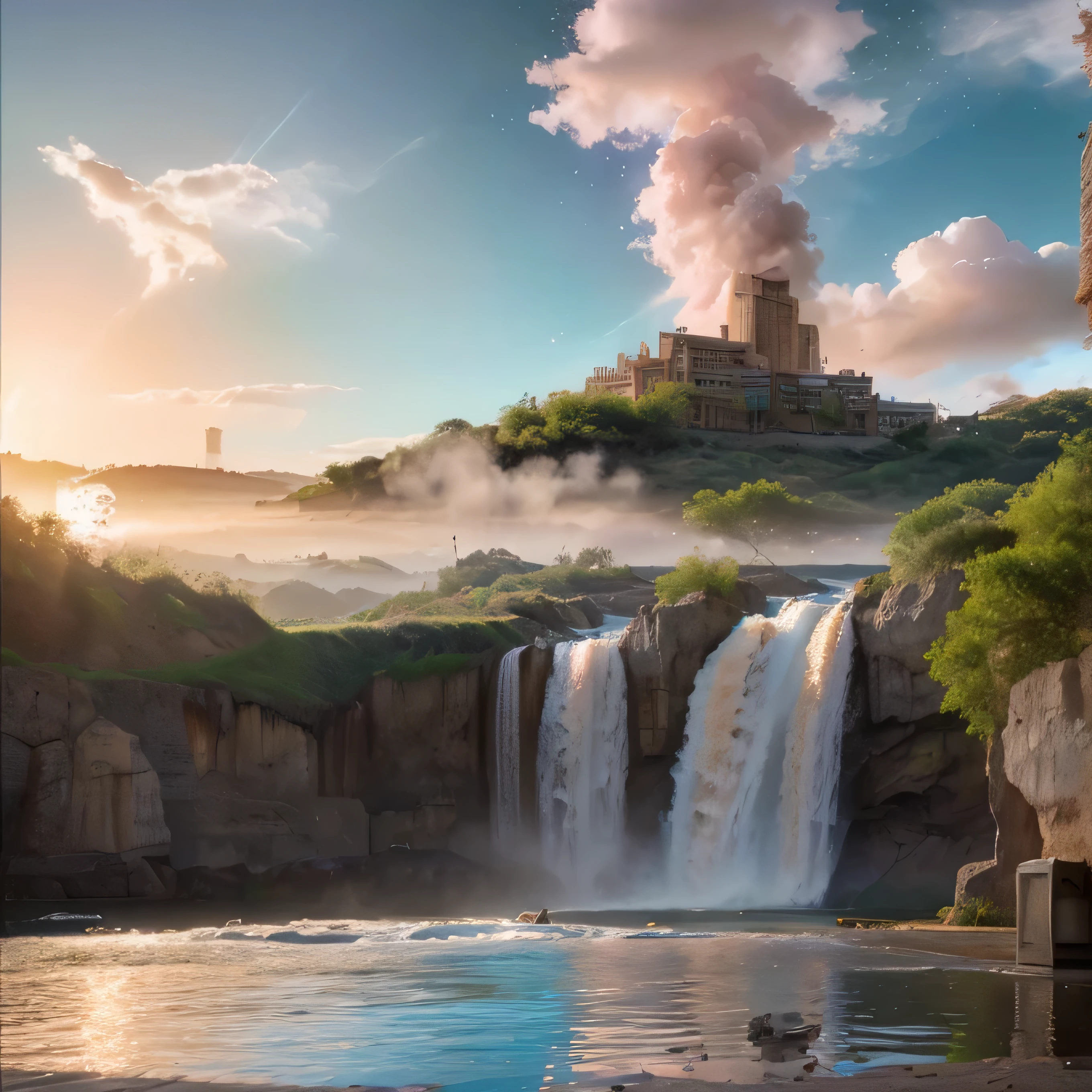 (8k, highest quality, masterpiece, final fantasy style: 1.2), (unRealistic, photoRealistic: 1.37), Dreamy landscape, epic scenes, sunset, Fantasy, Unsurreal landscapes, Super detailed, Flying futuristic Castle, Floating Island in the Sky, Seven-colored swirl of light, Intense lightning, nebulas,Complex Light, Colored light, blue clear Large Lake, Starry sky reflected on the lake surface, Countless shining stars, Meteors, Reflections , (A pillar of light emanated from the ground:1,2), (((roses and orchids gardens , bright sunset, pink and blue clouds, waterfalls in the sky, realistic style))), Hyperrealistic drawing , burning futuristic skyscrapers, , timeless realms, healing light magic effect, in a crystal clear blue magical lagoon of the fairyland, crystal clear waters with silver surface reflections, sharp focus, (close-up:0.9), (bright white theme:1.2), (bright white tone:1.2), (deep blue tone:1.3),((( realistic, Hyperrealism, vivid colours , landscapes , alien nature , science fiction themes))), mountains and abyss, water resources and waterfalls , fog ,