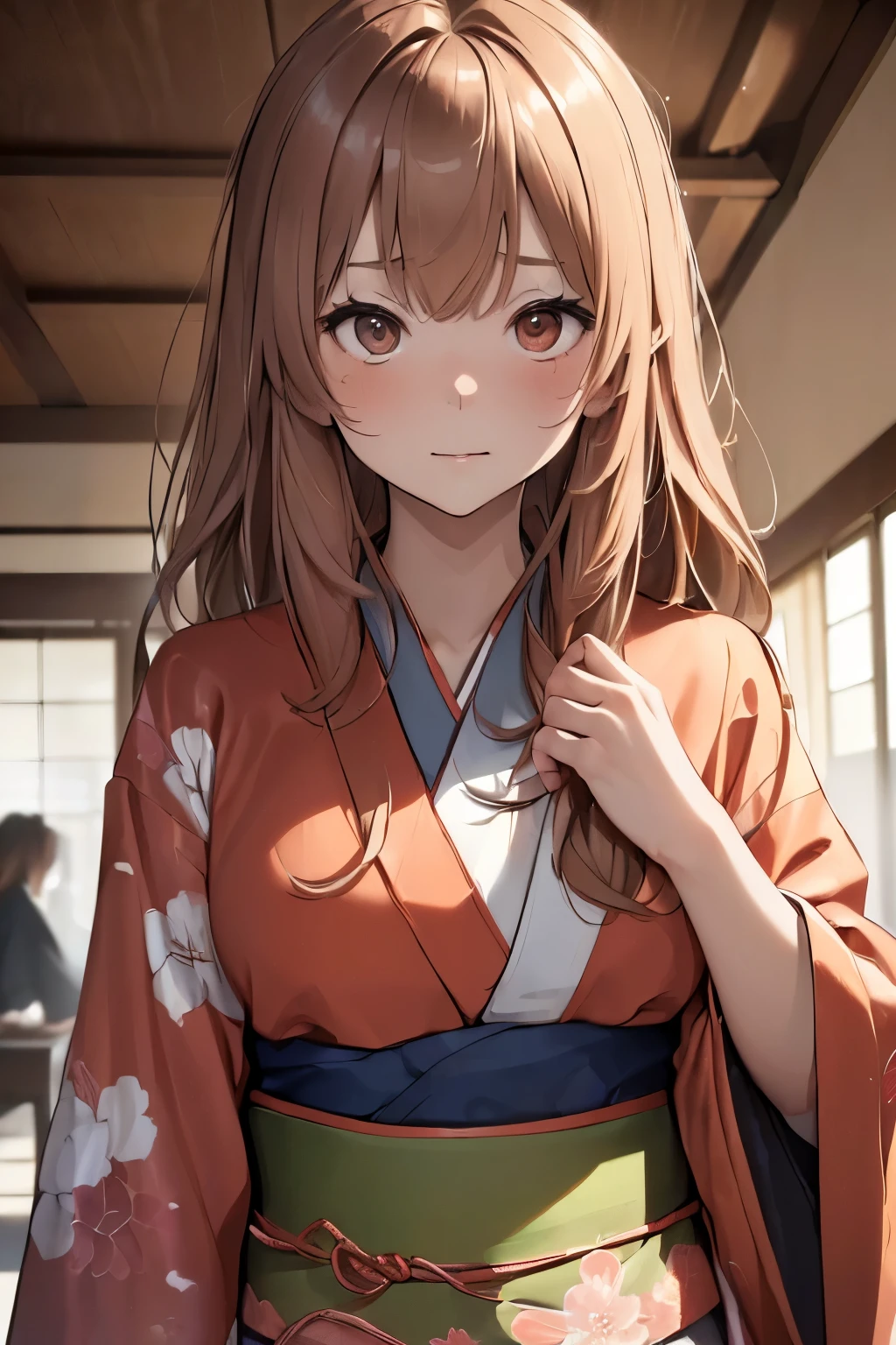 (masterpiece:1.5), (Best Quality:1.2),((( well-prepared face))),One Japanese woman,(((copper long hair,messy hair))),(((kimono,完全に描かれたkimono))),( Hi-Res:1.2)(( Details)),((standing)),( embarrassing expression )