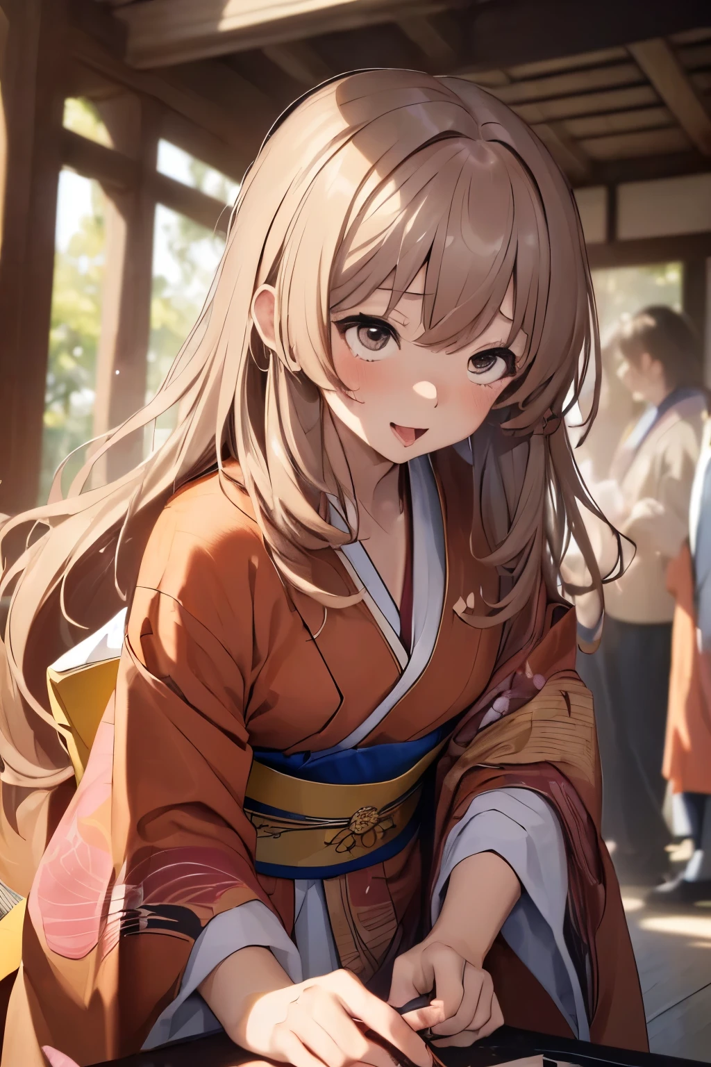 (masterpiece:1.5), (Best Quality:1.2),((( well-prepared face))),One Japanese woman,(((copper long hair,messy hair))),(((kimono,完全に描かれたkimono))),( Hi-Res:1.2)(( Details)),((standing)),( embarrassing expression )