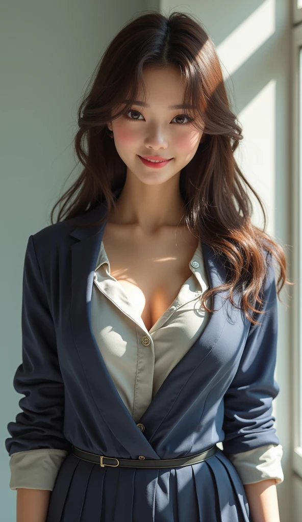 ((highest quality、Masterpiece、High resolution))、(((Zoom photo of upper body)))、(A shy smile:1.2)、One -yeld fee、Beautiful Skin、Beautiful Eyes、Large Breasts、blazer、shirt、Black Hair、Trimmed bangs、semi-long