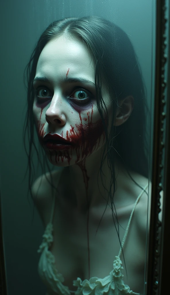 A ghostly female figure emerging from a mirror, with blood dripping from her eyes and mouth, in a dark, candle-lit bathroom."