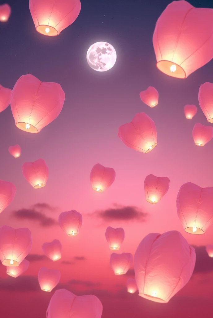 Floating Lantern、 heart-shaped lanterns 、Pink lights 、 many lanterns spreading in the sky 、 contrast between pink sky and white moon