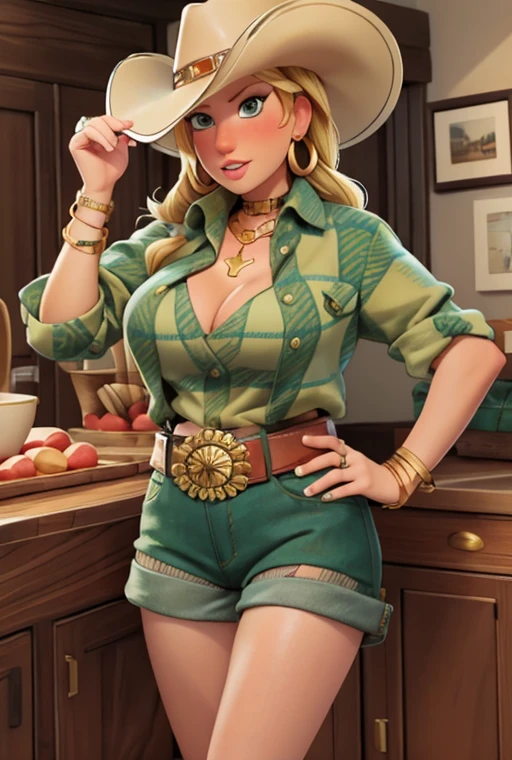 (score_9, score_8_up), a blonde woman, farmer, green eyes, voluptuous body, cowboy hat, plaid shirt, cleavage, shorts, high boots, belt with large buckle, gold earrings, gold necklace, gold bracelets,