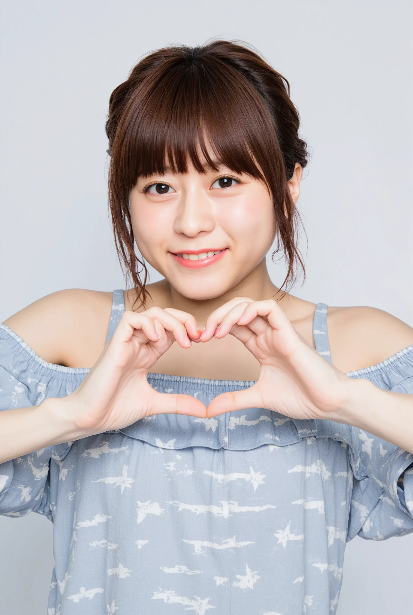 Only one woman with a cute smile wears cute, fluffy off-shoulder pajamas, makes a big heart shape with both hands, and poses them in front of her chest, View above collarbone、The background is a monotone 

