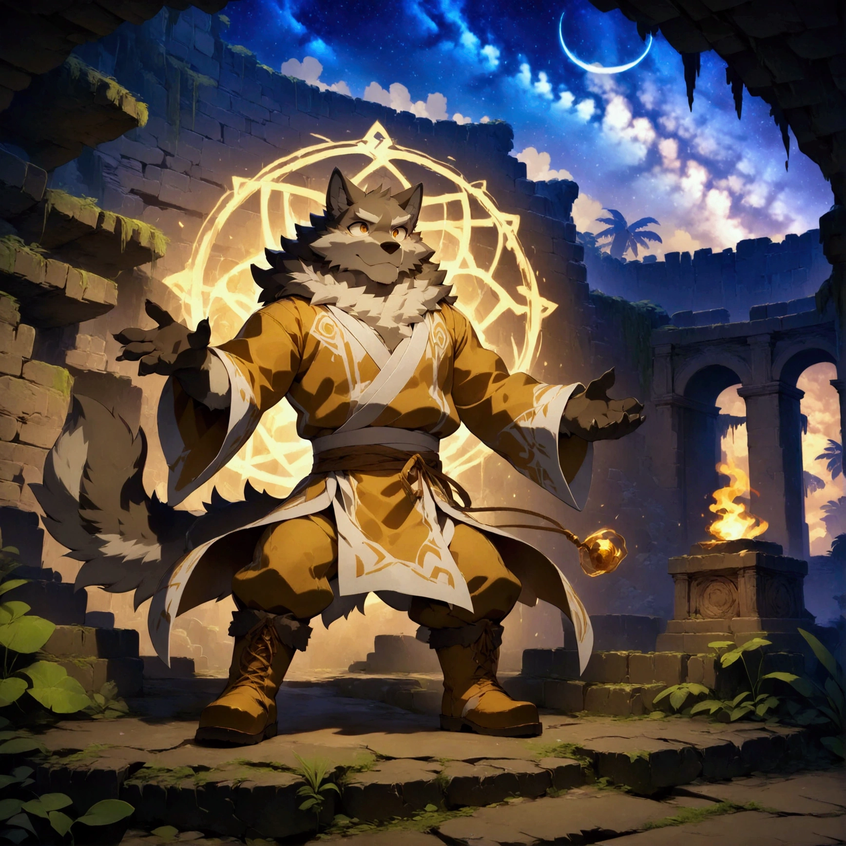 character focus, full body, looking away, dynamic angle, summoner, a middle-aged wolf man, magical costume clothes, jacket, shirt, pants, boots, setup magic whip summoning salamander, dynamic pose, BREAK full body in Michelangelo Buonarroti style, housamo style, digital illustration anime, detailed painting landscape, starry sky, jungle ruins, outdoor, full color, HDR, BREAK complete anatomy, perfect proportions, beautiful thigh gap, fluffy body, intricate fur details, beautiful fur texture, BREAK a detailed wolf 1tail, detailed boots, detailed foot, detailed hands, 5fingers, 5fingers nails, BREAK aesthetic anime face, insanity detailed face, male face, big face, square jawline, aesthetic anime eyes, detailed brown eyes, detailed brown cornea, detailed dark brown irises, detailed pupils, male eyes, big eyes, male eyebrows, innocent look, beautiful beard, BREAK masterpiece, official art, best quality, very aesthetic, absurdres, super fine illustration, great quality, BREAK noise reduction, very highres, large filesize, high quality, 32K, 8k wallpaper, dynamic lighting, BREAK insanity detailed, ultra detailed, intricate details, extremely detailed, detailed texture, an extremely delicate and beautiful, BREAK e621 illustration, osukemo, kemohomo, anthropomorphic, furry, cartoon, harmonious, pastoral face, virtuous eyes, epic atmosphere