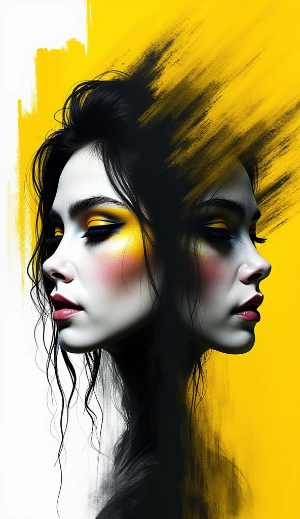 Abstract scetch made with a black and yellow pen, portrait of naked woman, , fantasy abstract dual exposition of two face (profile and an face), , Cara delevigne