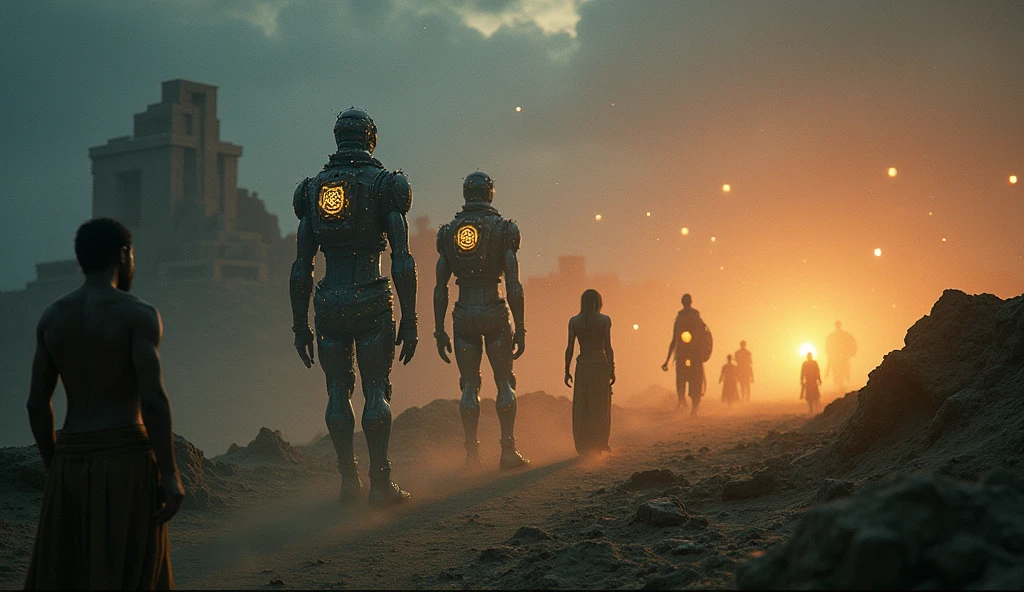 en estilo comic, basado en la pelicula prometheus: (( la tripulacion de la spacecraft prometheus, hombres y mujeres)), inspeccionas una ciudad de un planeta desconocido , con enormes edificios altamente tecnologicos. cuyos materiales de construccion son la plata, el oro y el bronce.