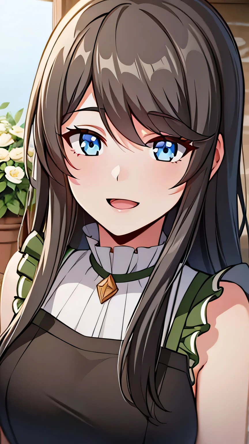 quality, masterpiece, highly detailed, 8k, masterpiece, tilly wimbledon, sleeveless, 1girl, smile, open mouth, blush, detailed face, detailed eyes, medium breast, blue eyes, flower garden, armpit