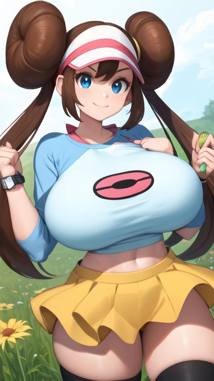 Perfect CG unity 8K UHD wallpaper, Perfect CG unity 8K UHD wallpaper, (masterpiece, best quality:1.2), rosa pkmn, cowboy shot, masterpiece, best quality, highres, ro1, hair bun, blue eyes, twintails, visor cap, thighhighs, raglan sleeves, ((yellow miniskirt)), croptop, pink bow, wristwatch, standing, cowboy shot, field, poke ball \(basic\), smile, gigantic breasts, thick thighs, skindentation, ((midriff)), ((very tall:1.2)), from below