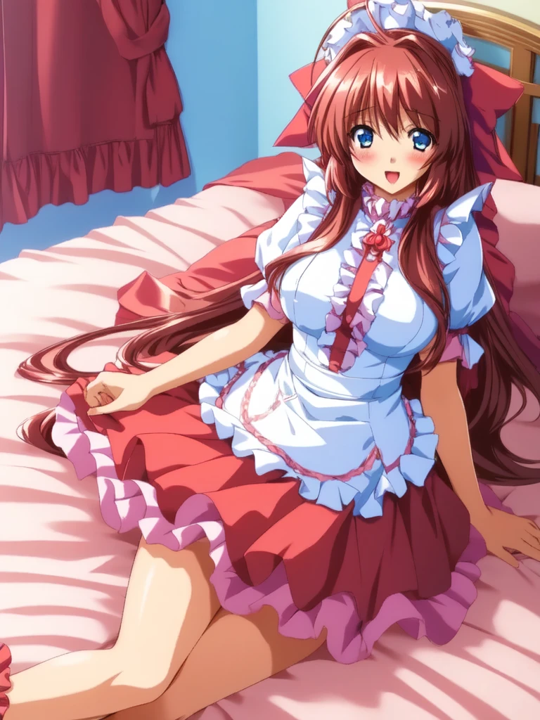 Anime illustration, ,Kanzaki_Aoi, 1girl, solo, long hair, brown hair, blue eyes, large breasts, red hair ribbon, smile, blush, break, ((frill queen costume:1.3)), bed room, erotic angle,