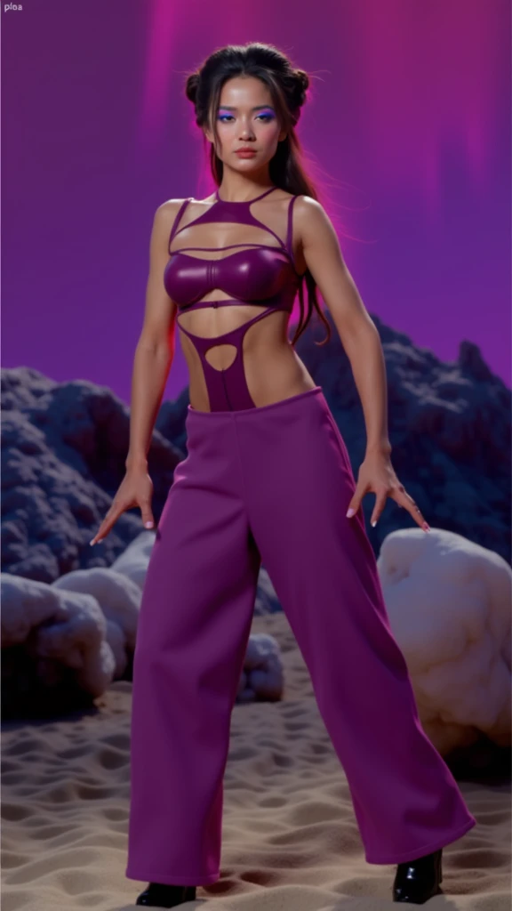 (1 nubile girl, with hybrid face of Karen McDougal & Lee Meriwether, kneeling in namaste pose, beautiful goddess, royal wedding hairstyle & high ponytail hairstyle, lithe & bodacious body, perfectly rendered hands & fingers, perfectly rendered feet & toes, highly detailed face, detailed eyes, lips and skin texture, intricately detailed harem clothing, exotic belly dancer regalia, detailed purple lightning environment, dynamic lighting, vivid colors, photorealistic, cinematic composition, masterpiece, best quality, 8k, highly detailed)